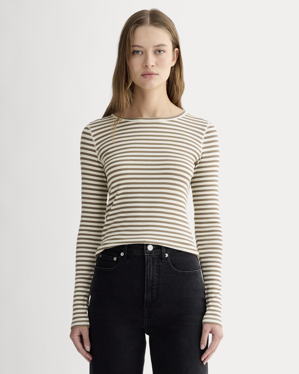 The Luxe Rib Long-Sleeve Crew in Bone / Deep Taupe — front view