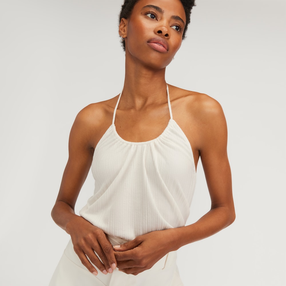 The Rib Soft Knit Halter Top in Bone — detail view