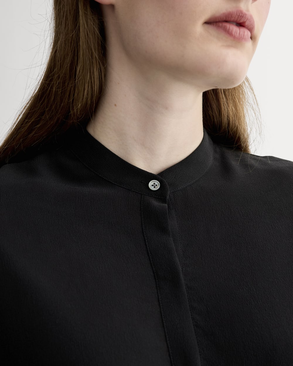 The Popover Top in Washable Silk in Black — detail view