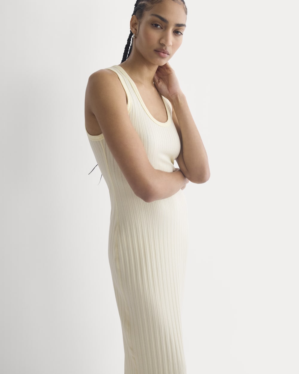 Scoop-Neck Midi Dress in Pointelle Knit in Lemon Icing — detail view