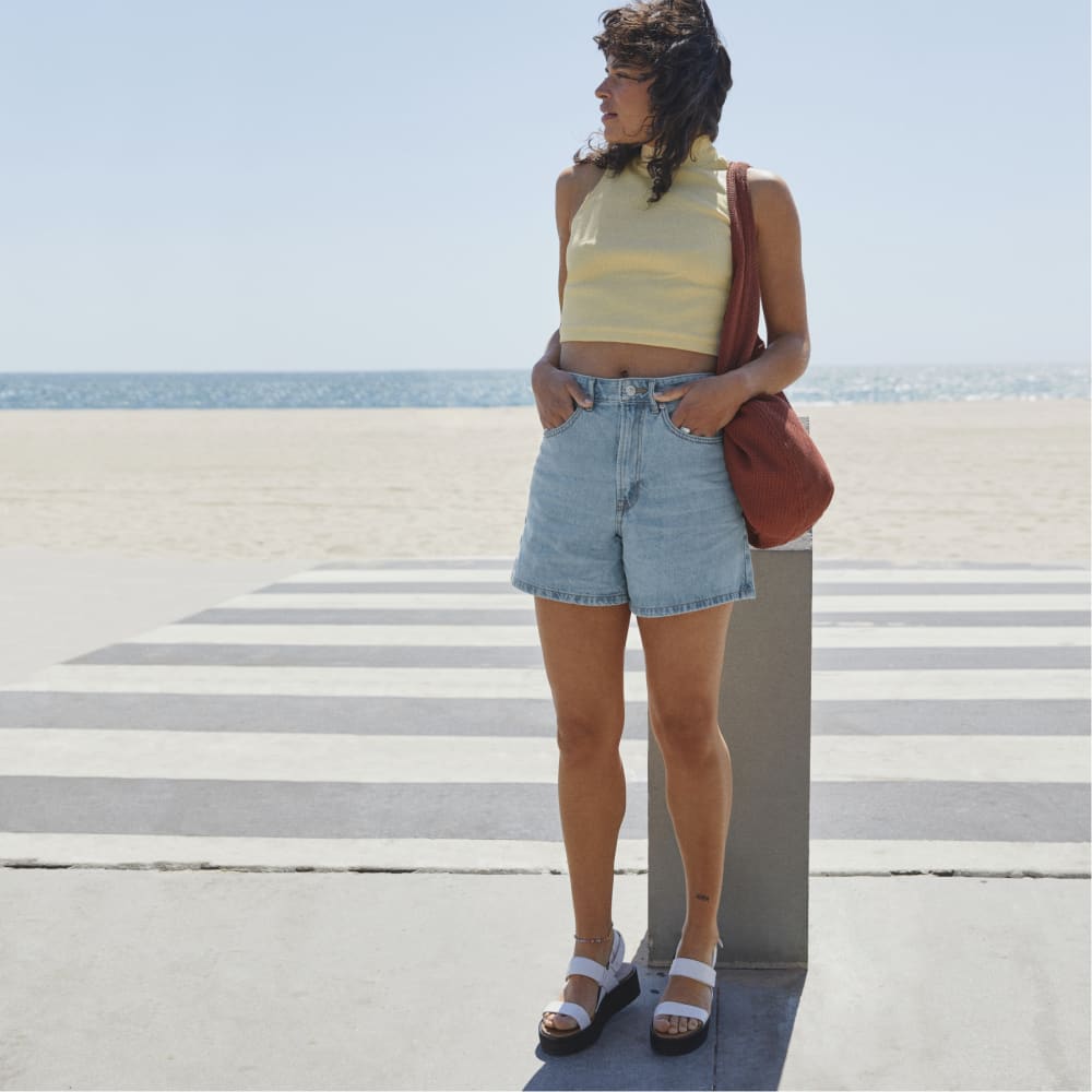 The A-Line Denim Short in Powder Blue — detail view
