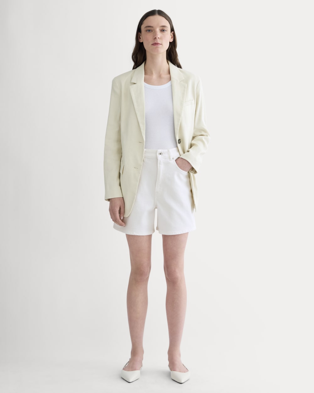 The A-Line Denim Short in White — front view