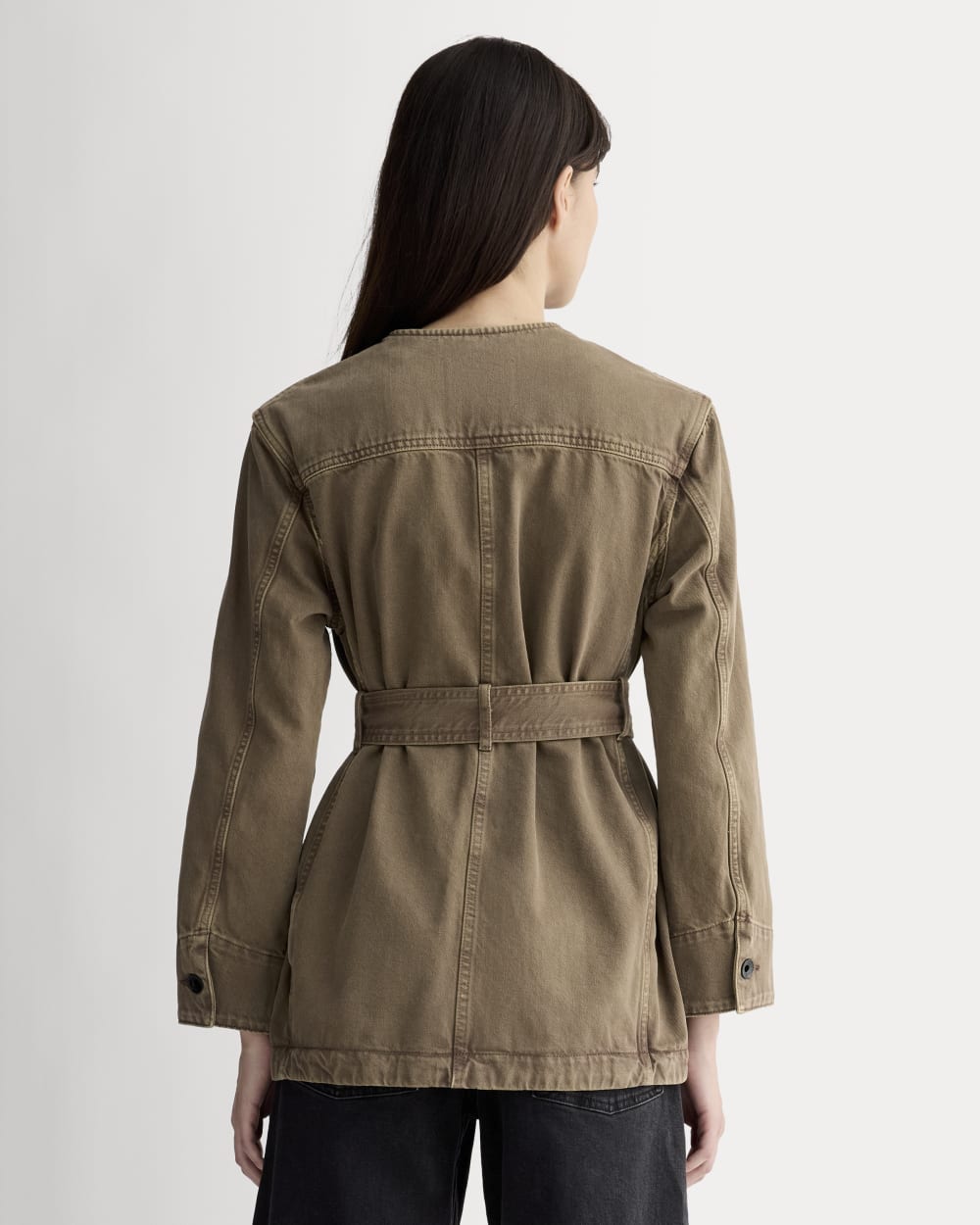 The Long Denim Barrel Jacket in Garment-Dyed Chocolate — detail view
