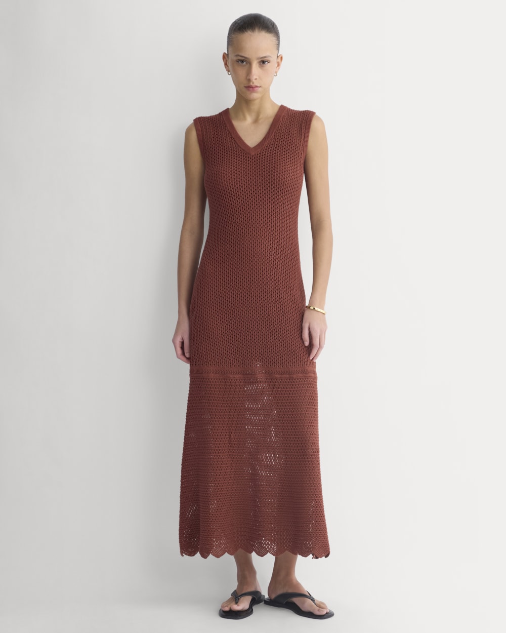 Lace Knit Maxi Sweater Dress in Henna Red — front view