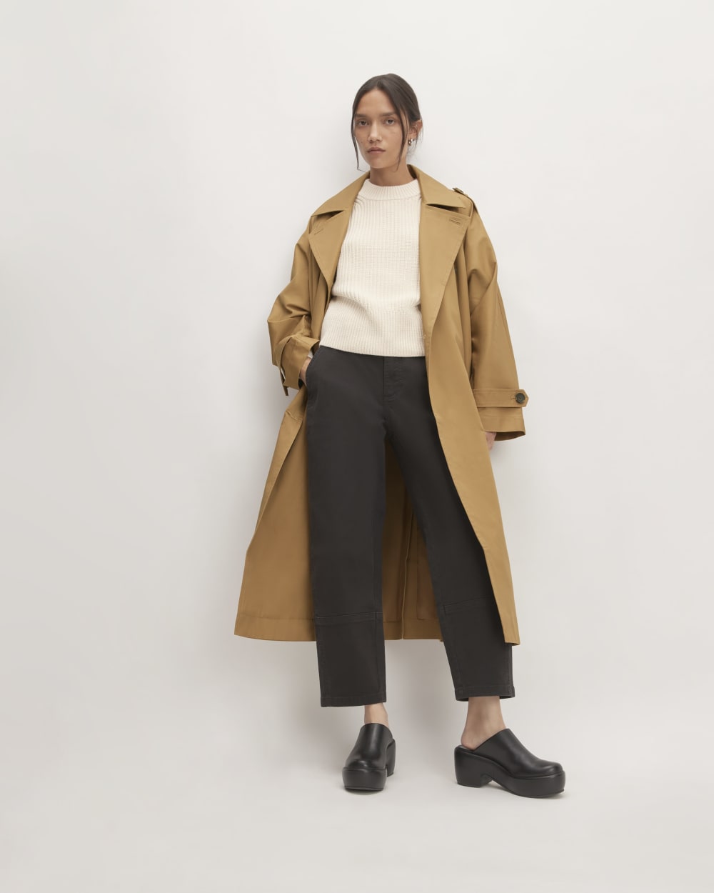 The Cotton Long Trench Coat in Toasted Coconut — front view