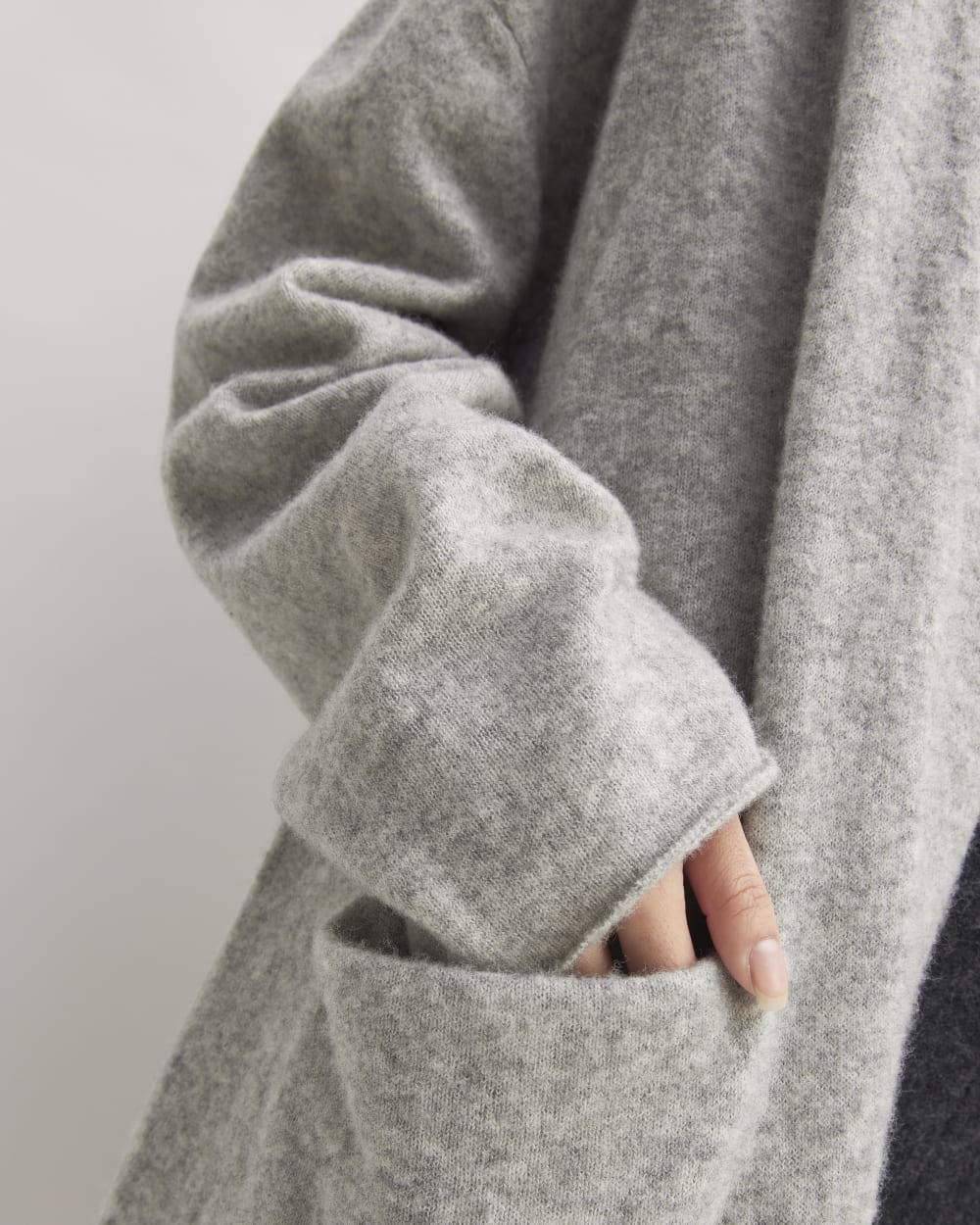 The Cozy-Stretch Long Cardigan in Heathered Grey — detail view