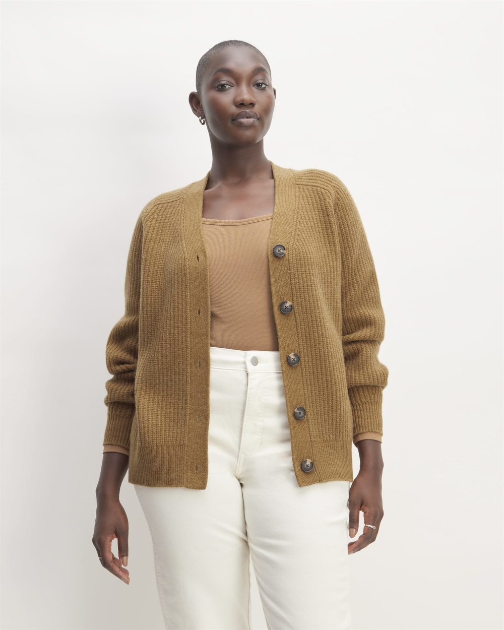 The Felted Merino Cardigan in Deep Camel — front view