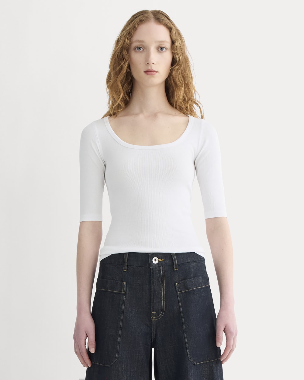 The Luxe Rib Scoop-Neck Tee in White — front view