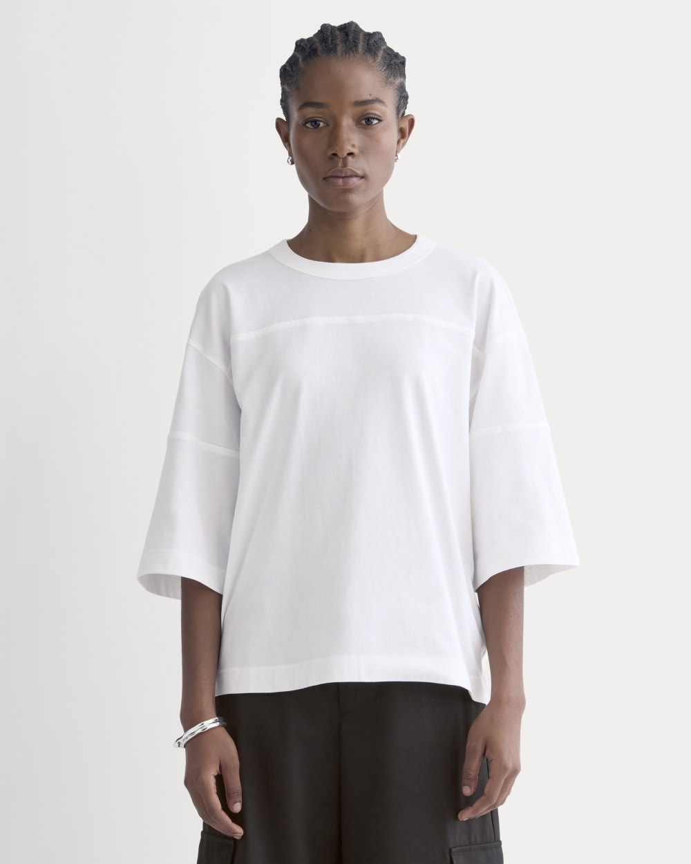 Oversized Varsity Tee in Essential Cotton in White — front view