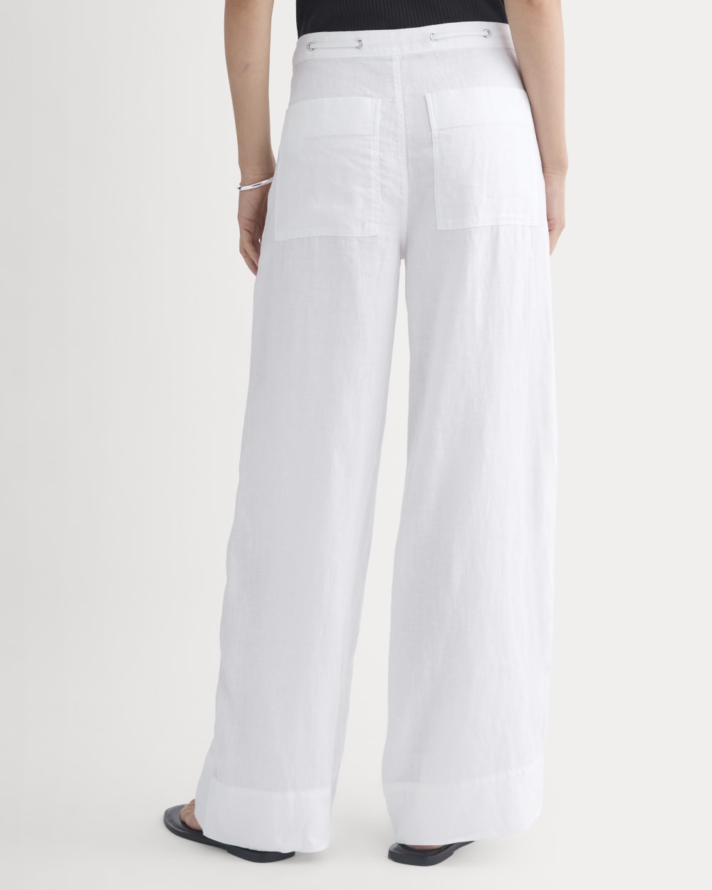 Wide-Leg Drawstring Pant in Linen in White — detail view