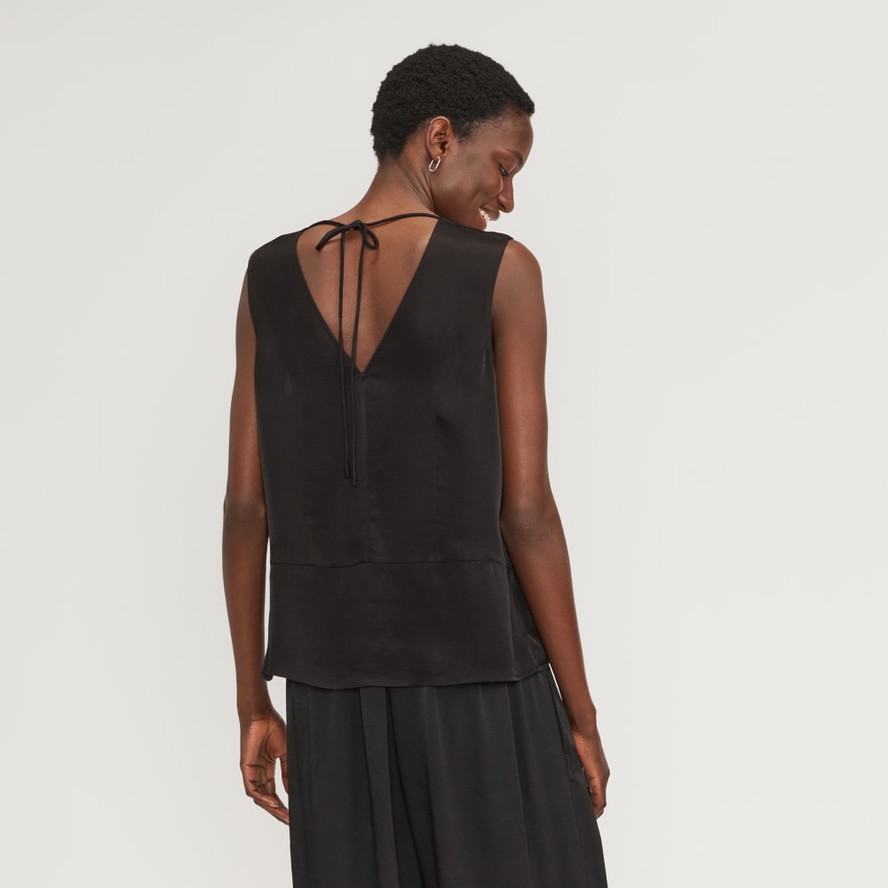 The Satin V-Neck Top in Black — detail view