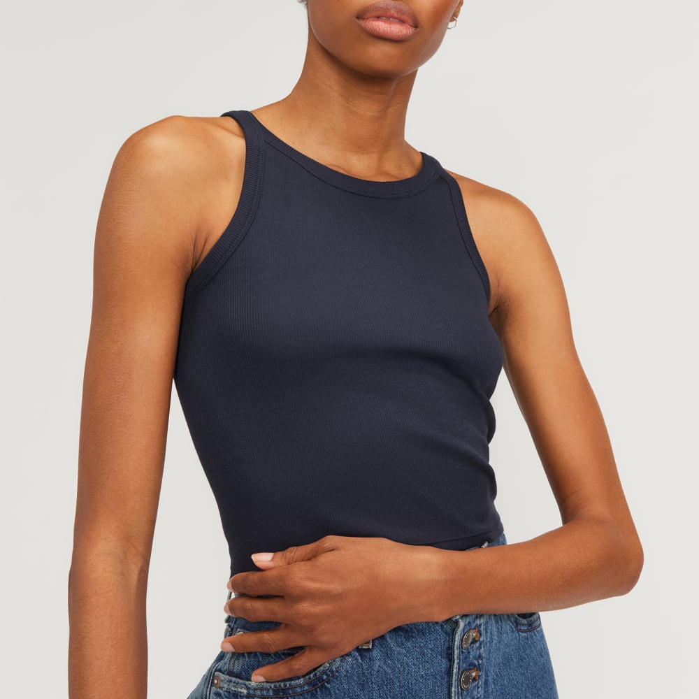 The Supima® Micro-Rib Cropped Tank in Navy — detail view
