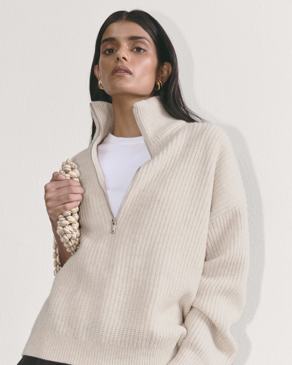 The Half-Zip Sweater in Luxe Merino in Heathered Oat — detail view