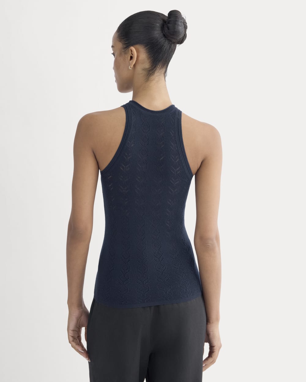 The Pointelle Racerback Tank in Ultrafine Merino in Navy — detail view