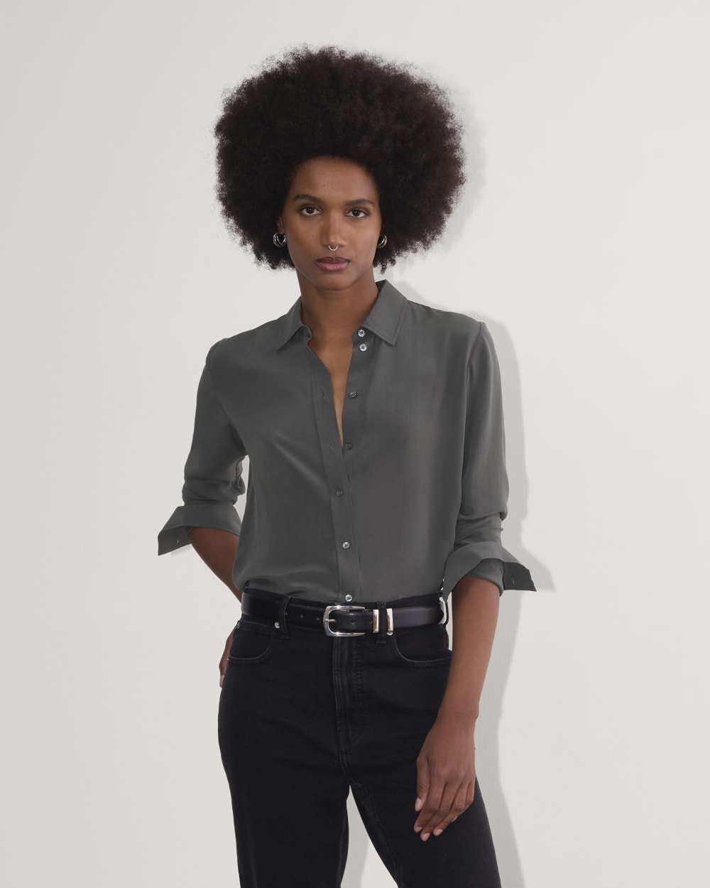 The Must-Have Shirt in Washable Silk in Graphite — front view