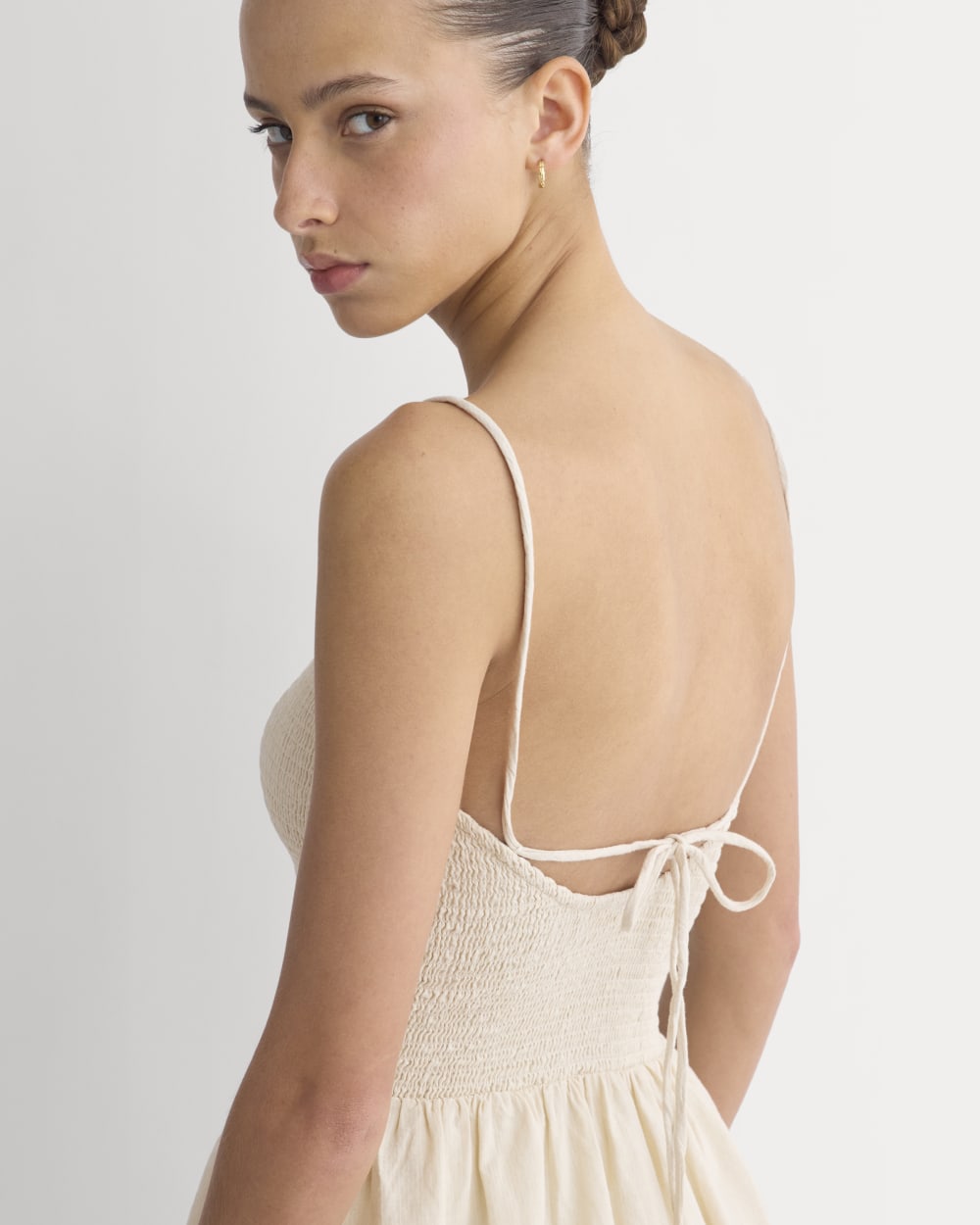 Gauze Smocked Mini Dress in Birch — detail view