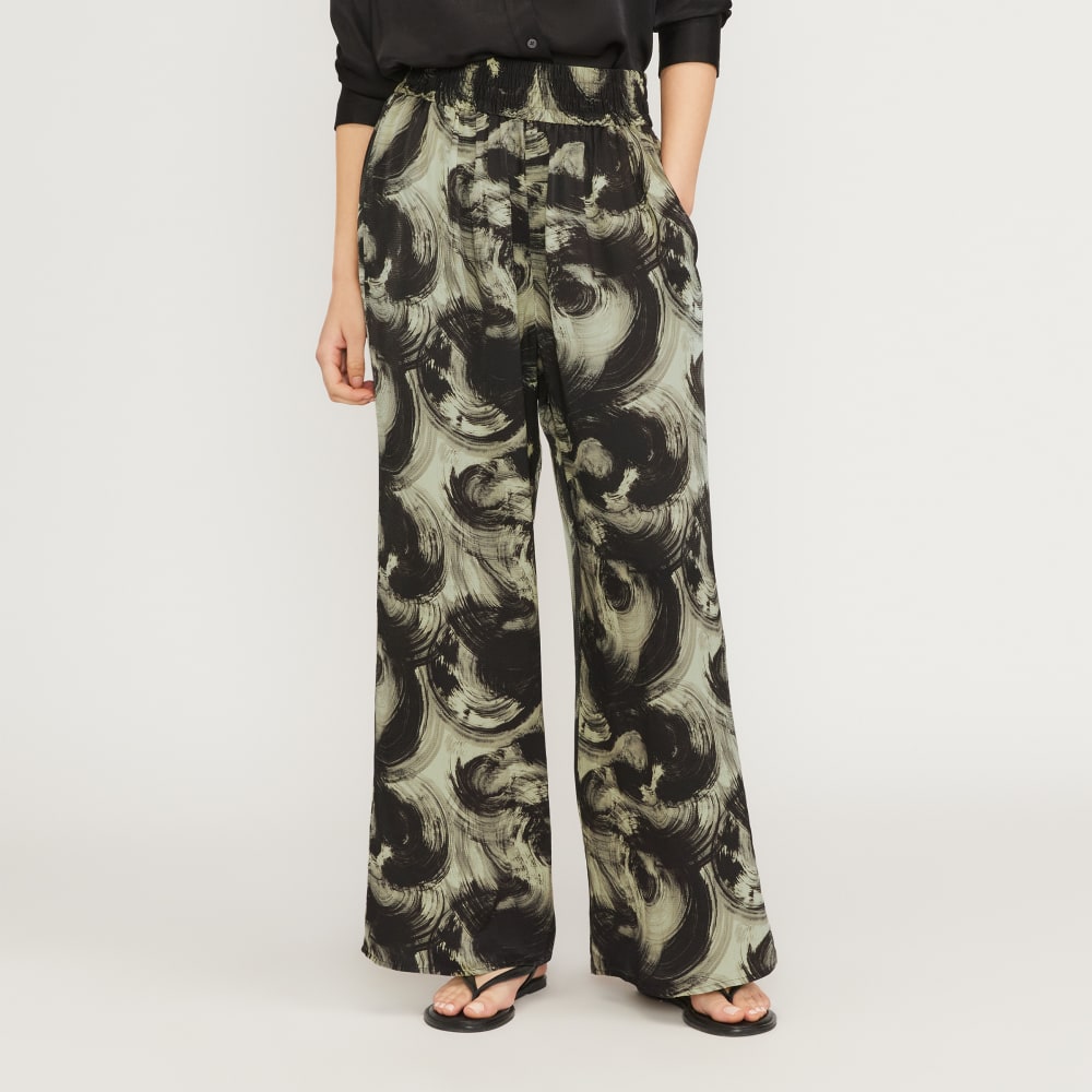 The Satin Pull-On Pant in Pale Yellow / Black — front view