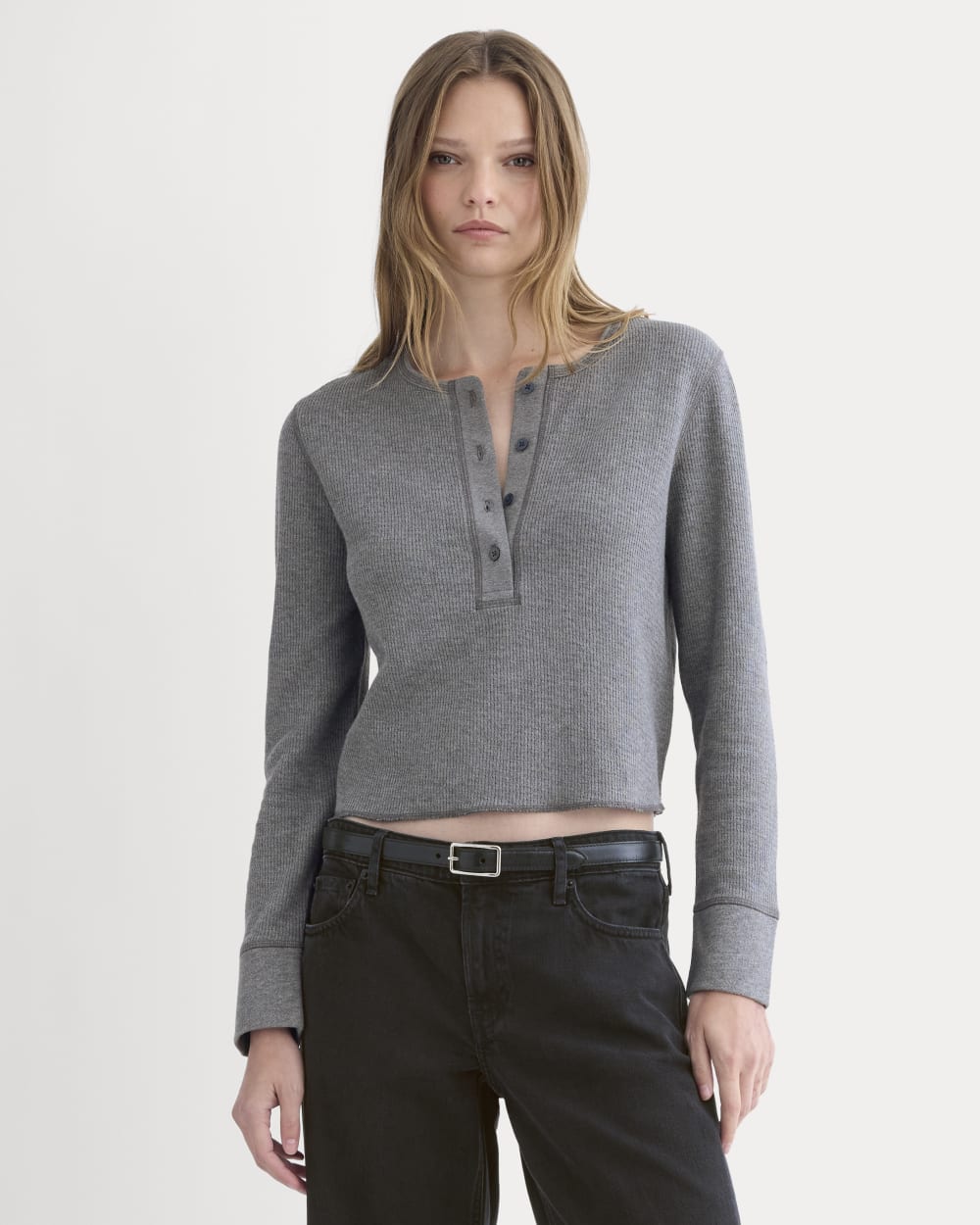 Boxy Henley in Cozy Waffle in Heathered Charcoal — front view