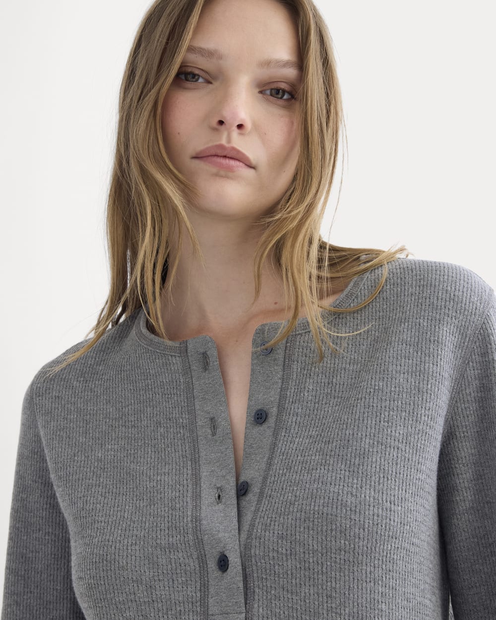 Boxy Henley in Cozy Waffle in Heathered Charcoal — detail view