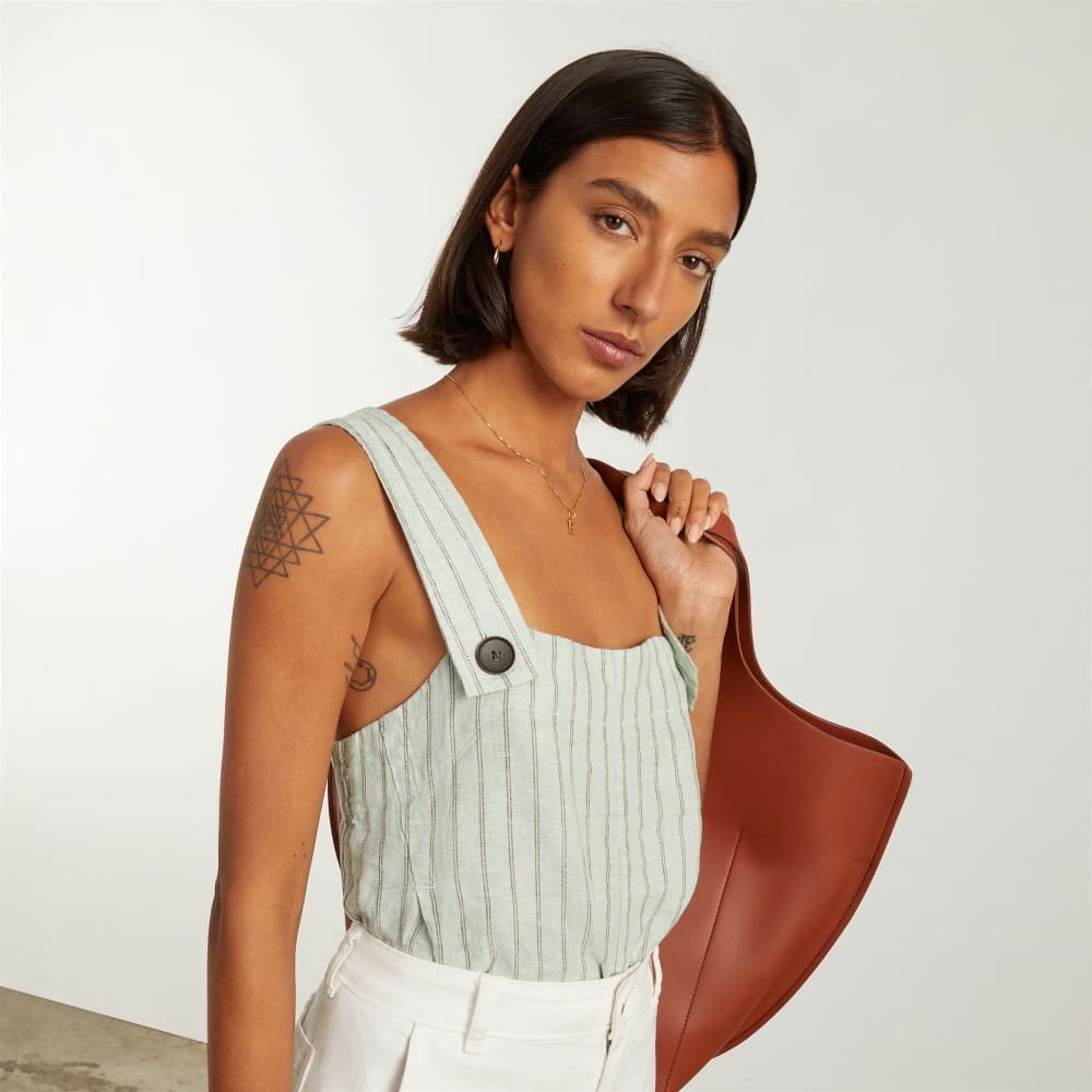 The Apron Linen Tank in Seafoam Pinstripe — detail view