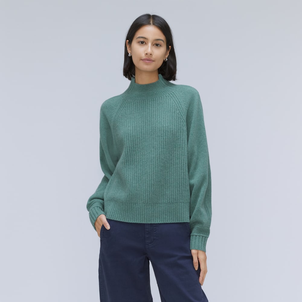 The Cashmere Ribbed Turtleneck in Heathered Dusty Aqua — front view