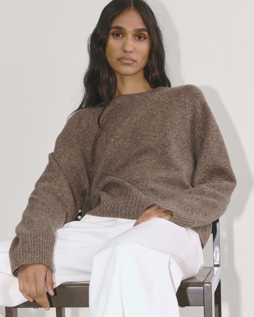 The Boxy Crew in Cashmere in Taupe Brown Donegal — detail view