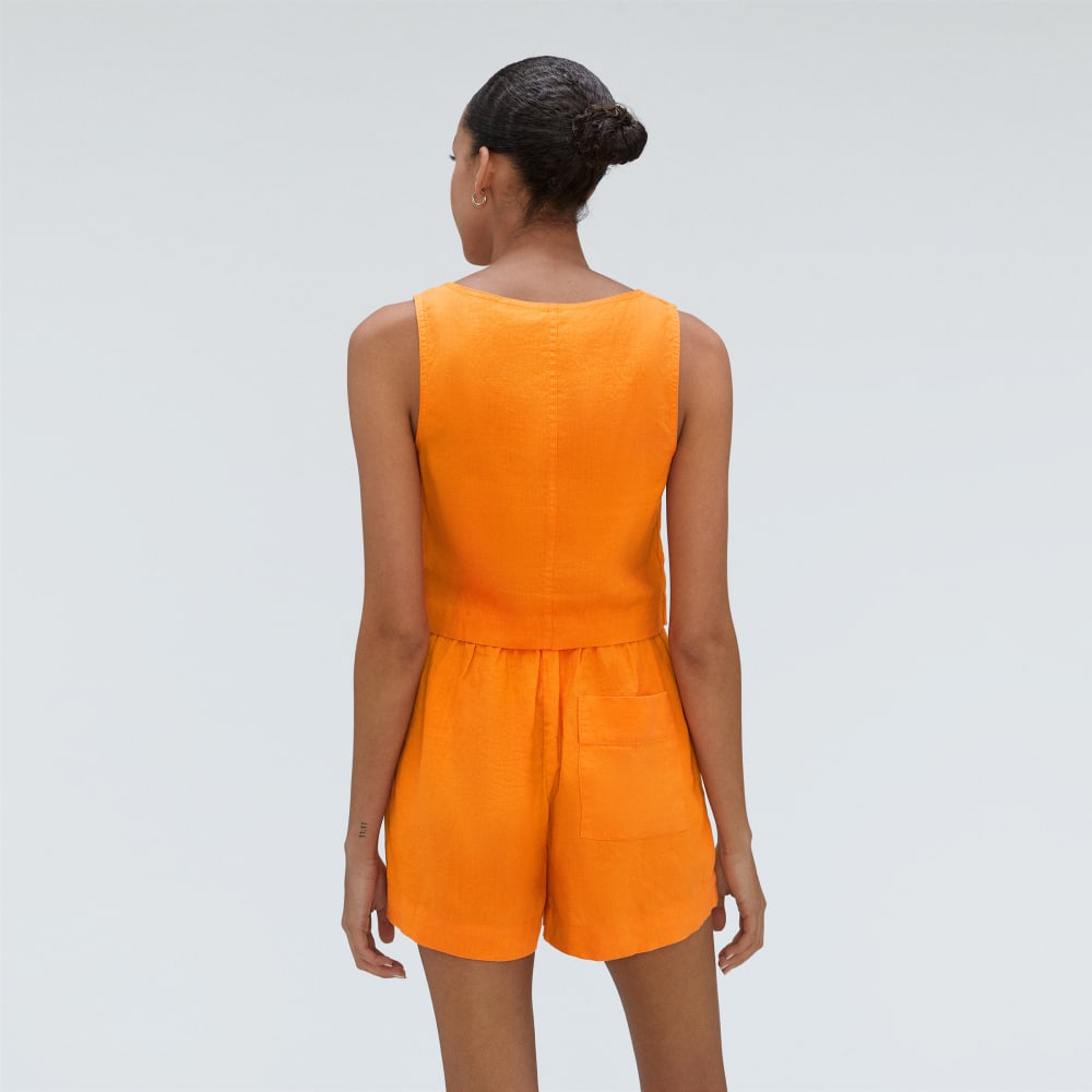 The Linen Button-Front Crop Tank in Turmeric — detail view