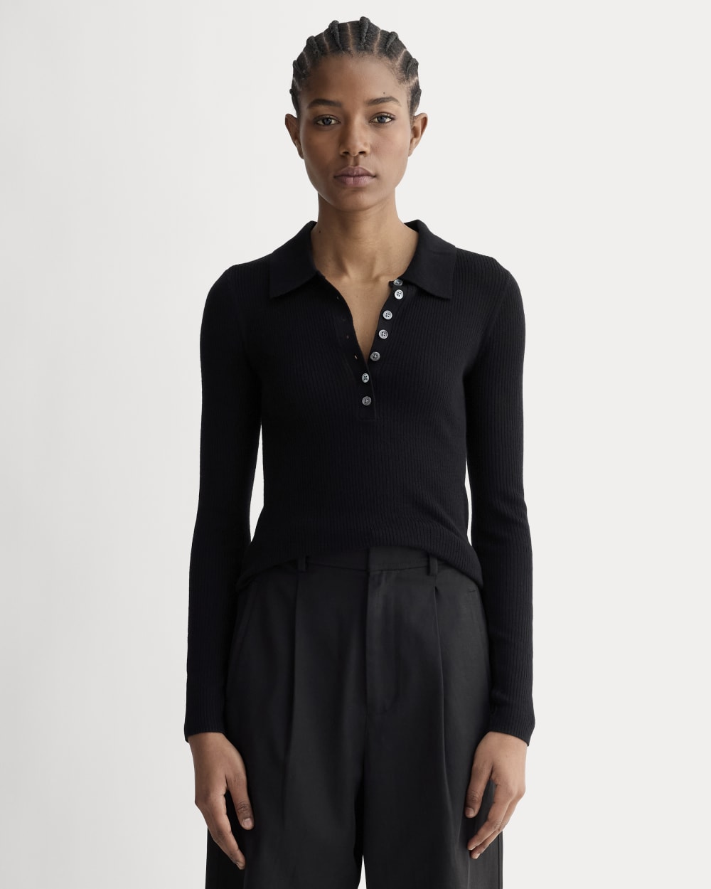The Polo in Ultrasoft Merino in Black — front view