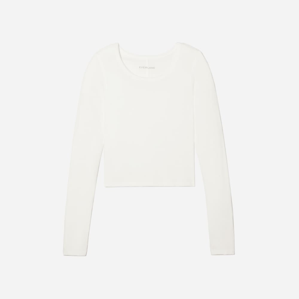 The Pima Micro-Rib Cropped Long-Sleeve Crew in White — alternate view