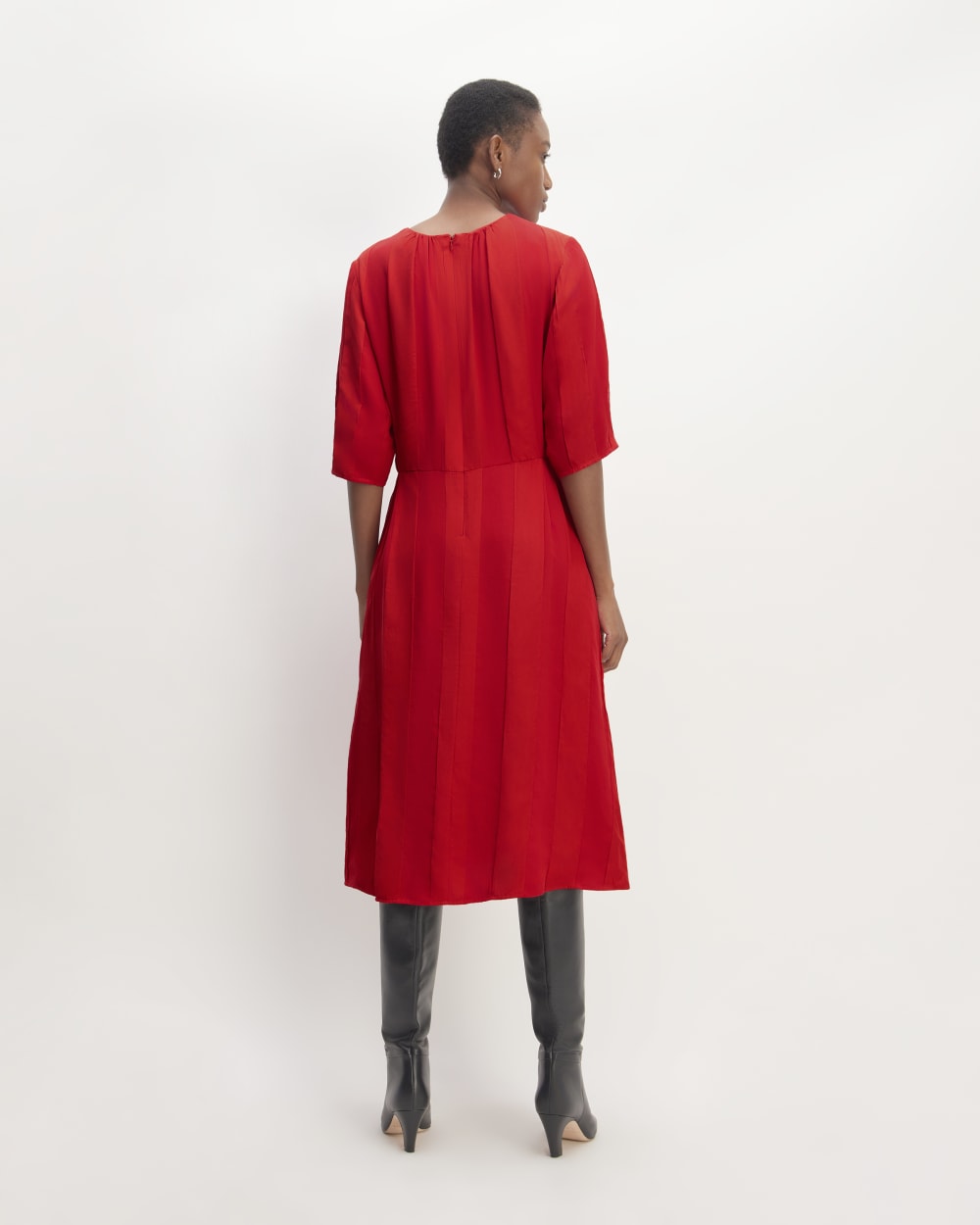 The City Stripe Ruched Dress in Haute Red — detail view