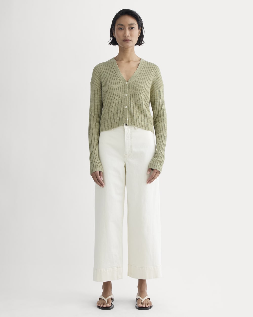 The Ribbed Cardigan in Cotton Linen in Eucalyptus — detail view