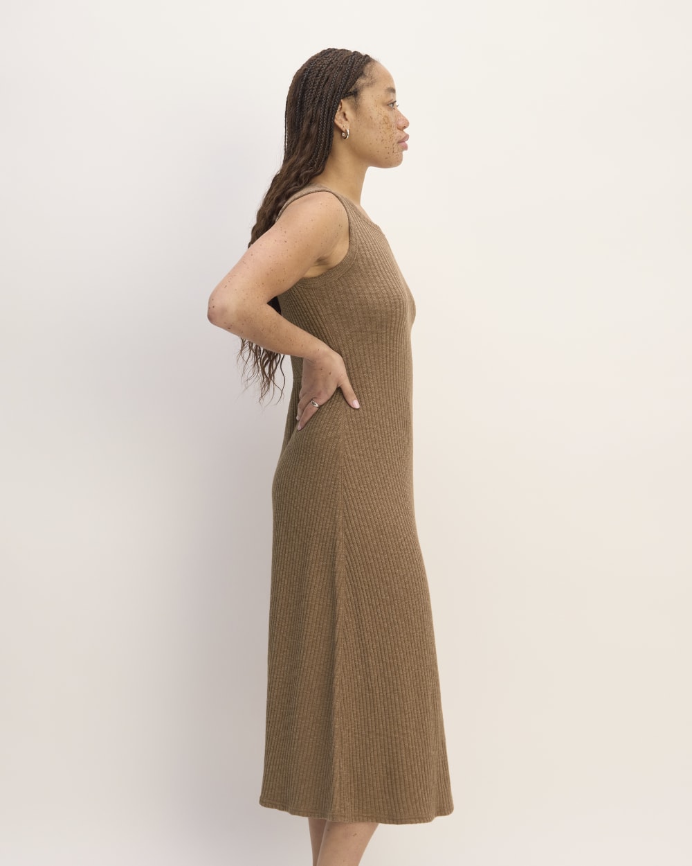The Rib-Knit A-Line Tank Dress in Carob Brown — detail view