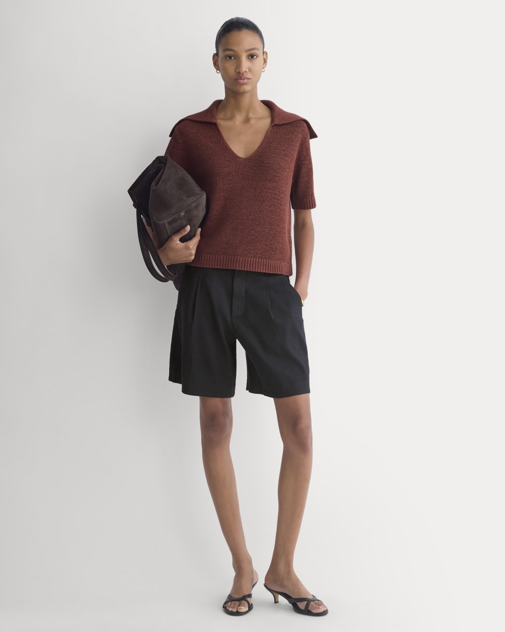Open Collar Polo in Henna Red — detail view