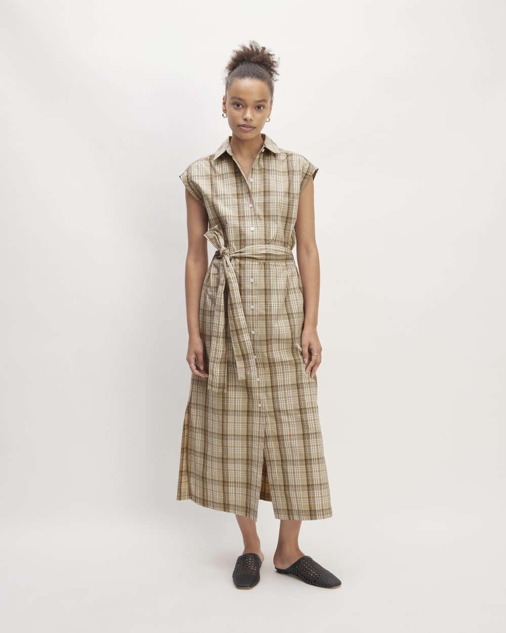 The Supima® Cotton Short-Sleeve Shirt Dress in Pale Khaki Plaid — front view