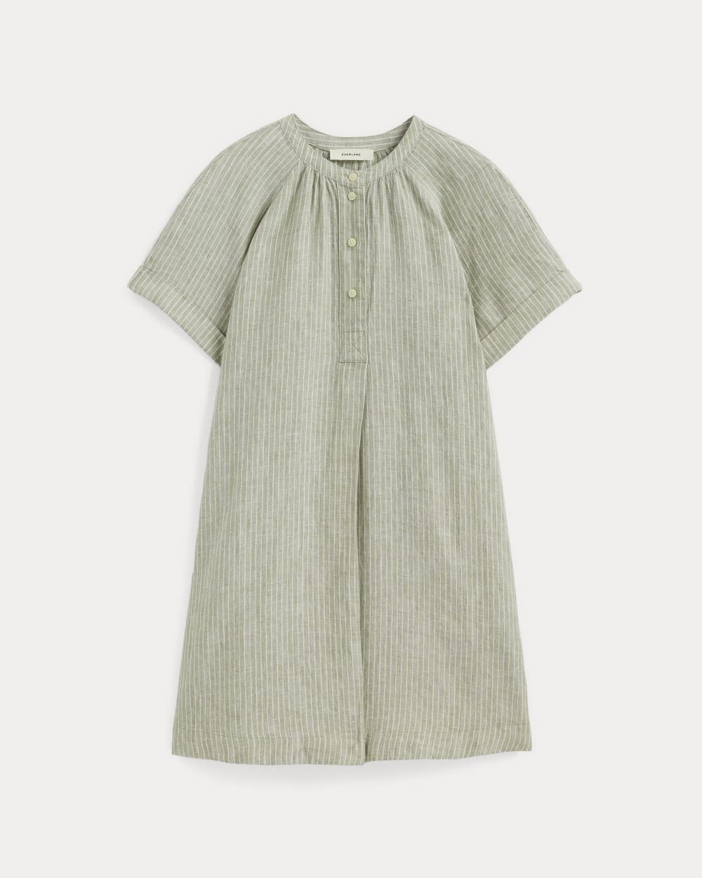 The Popover Dress in Linen in Oil Green / White — alternate view