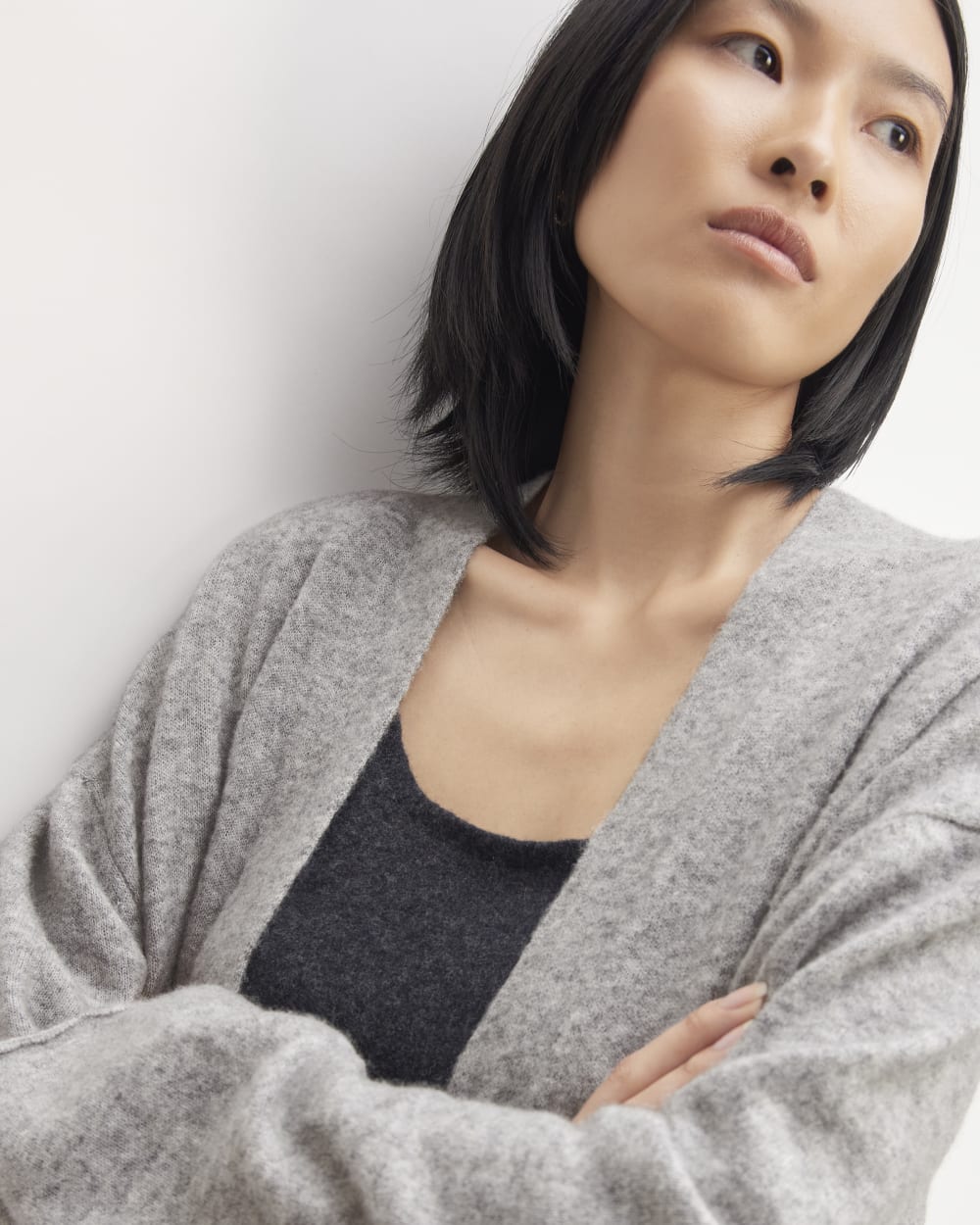 The Cozy-Stretch Long Cardigan in Heathered Grey — detail view