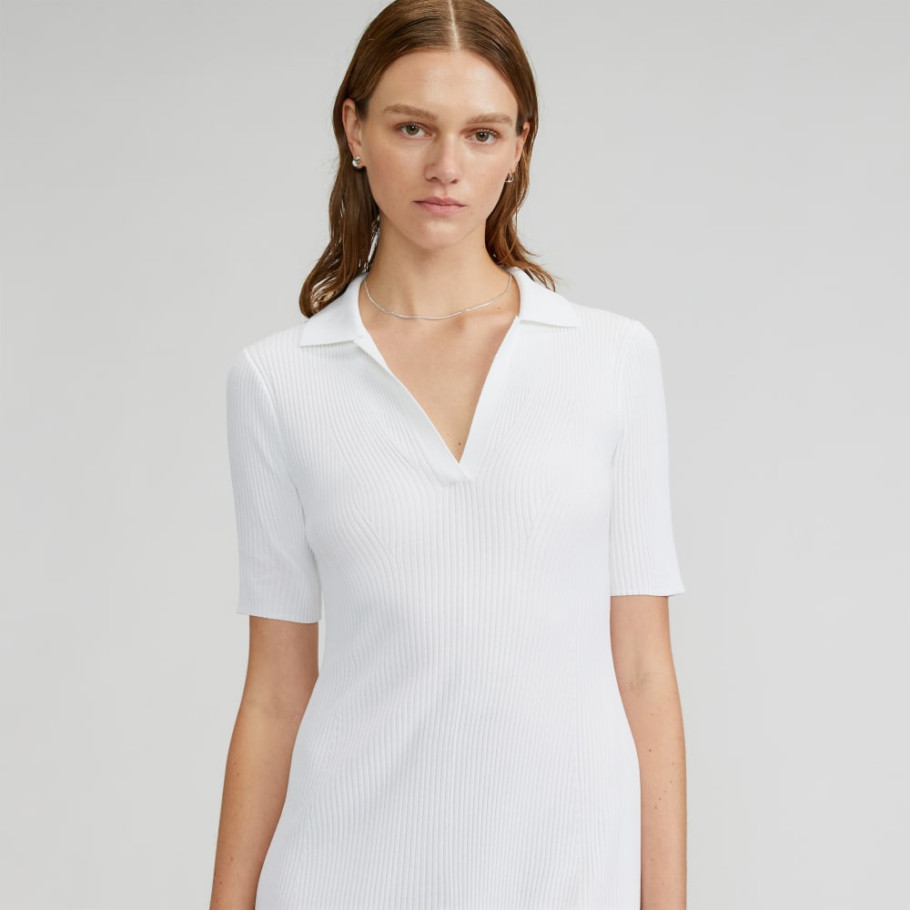 The Ribbed Short-Sleeve Polo Dress in White — detail view