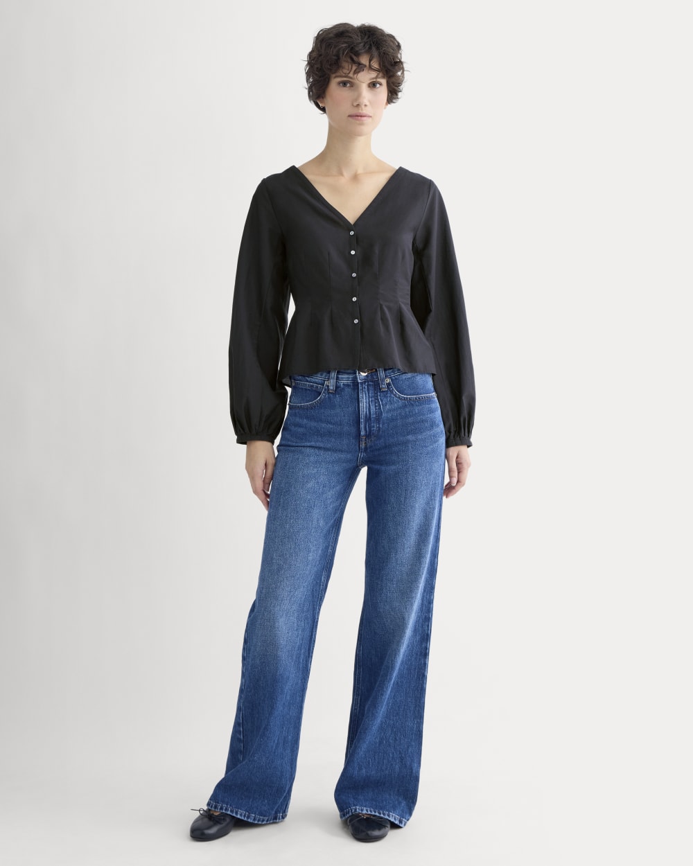 Balloon Sleeve Top in Cotton Silk in Black — detail view