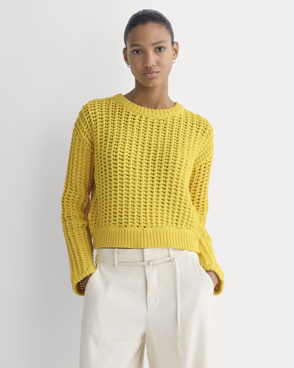Open-Knit Crew in Elevated Cotton in Passion Fruit — front view