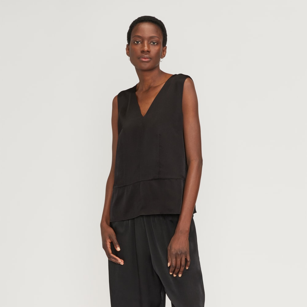 The Satin V-Neck Top in Black — front view