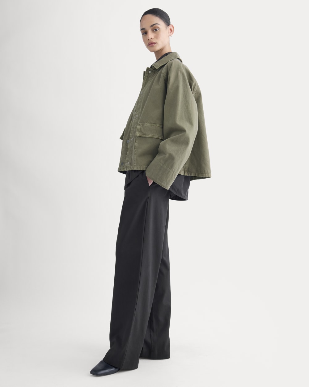 Cropped Denim Jacket in Garment-Dyed Kalamata — detail view