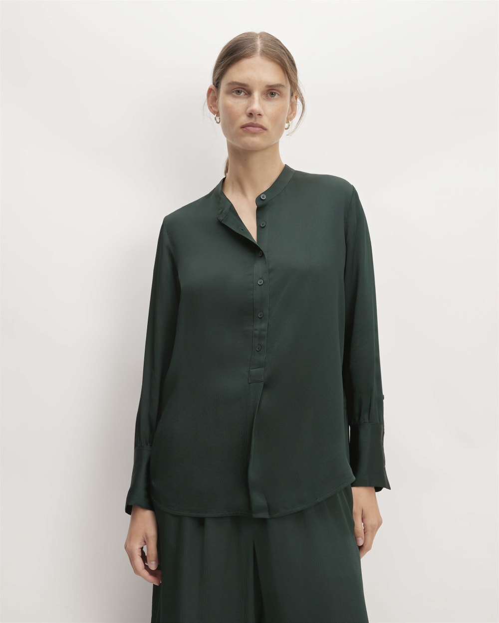 The Hammered Satin Popover Shirt in Scarab — front view
