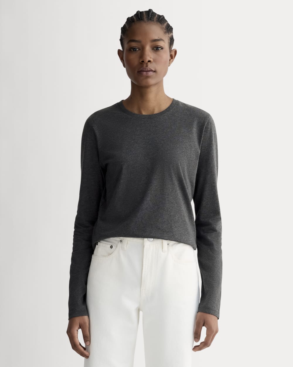 The Slim Long-Sleeve Crew in Essential Cotton in Heathered Soot — front view