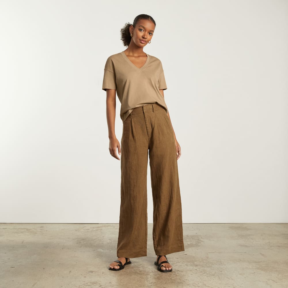 The Organic Cotton Slouchy V-Neck in Iced Coffee — detail view