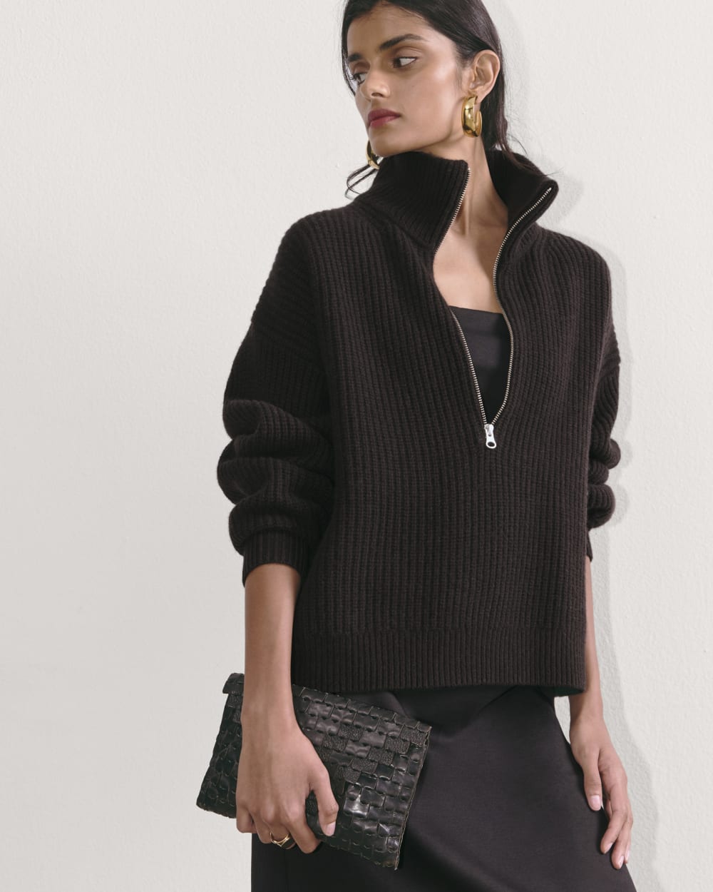 The Half-Zip Sweater in Luxe Merino in Black — detail view