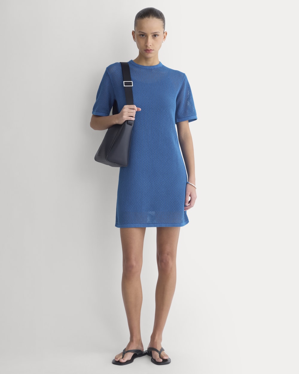 Mesh-Knit Short-Sleeve Dress in Imperial Blue — front view