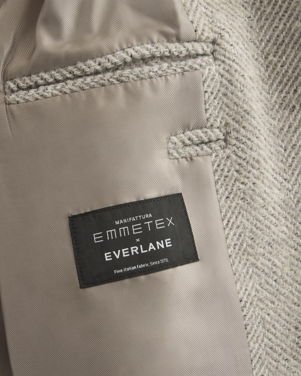 Italian Belted Overcoat in Taupe Herringbone — detail view