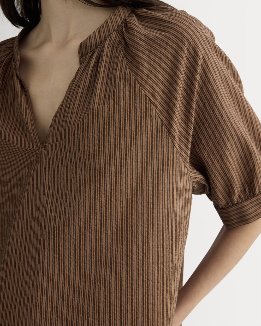 The Gauze Gathered Top in Carob Brown / Black — detail view
