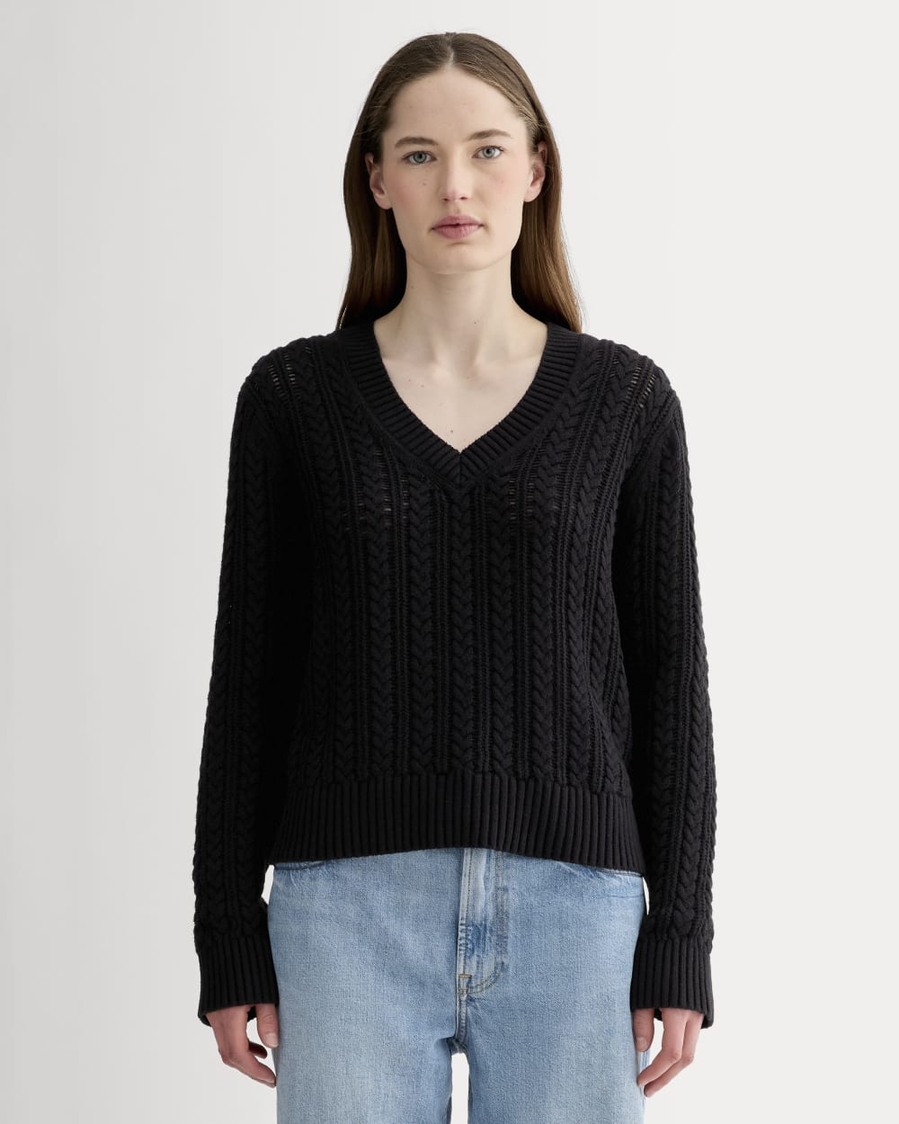 The Mesh Cable V-Neck in Everyday Cotton in Black — front view