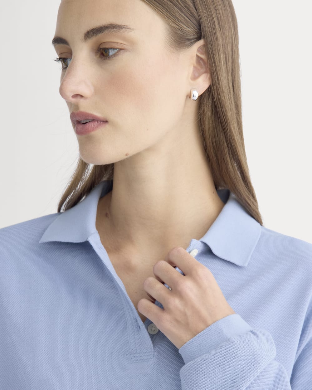 Oversized Pique Polo in Soft Blue — detail view